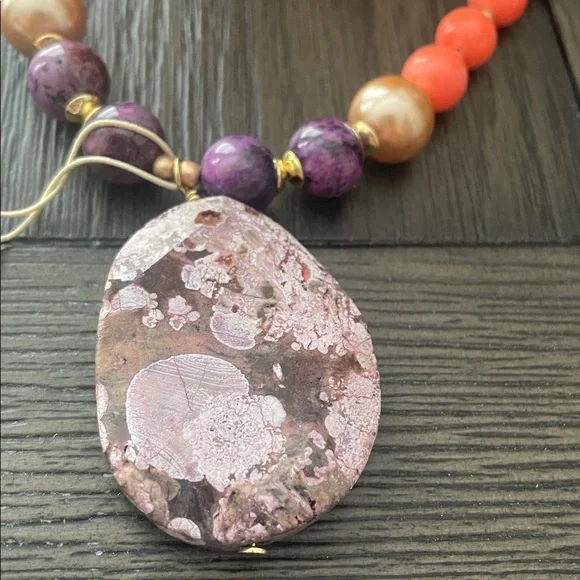 Studio Barse Purple and Coral Beaded Necklace with Marbled Pendant - Picture 3 of 7